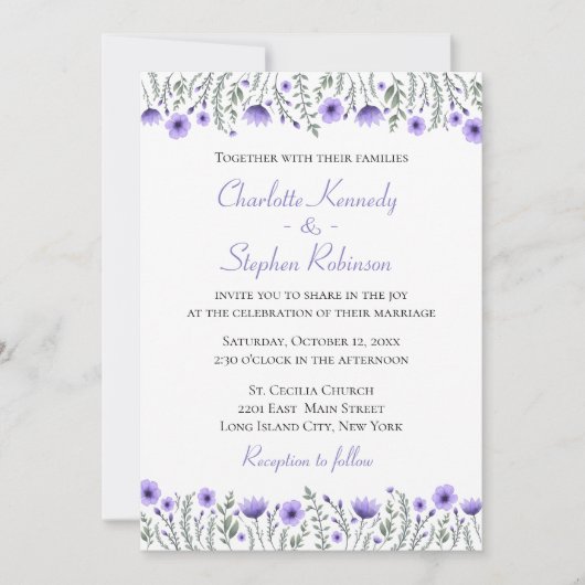 Blumenfarbene Lila Wildblume Hochzeit Blume Einladung (Vorderseite)