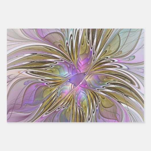 Blumenfarbenes Abstraktes Fraktal mit Rosa und Gol Geschenkpapier Set (Vorderseite)