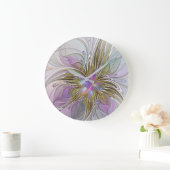 Blumenfarbenes Abstraktes Fraktal mit Rosa und Gol Große Wanduhr (Zuhause)