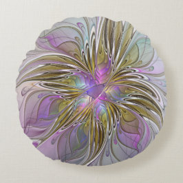 Blumenfarbenes Abstraktes Fraktal mit Rosa und Gol Rundes Kissen