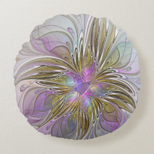 Blumenfarbenes Abstraktes Fraktal mit Rosa und Gol Rundes Kissen