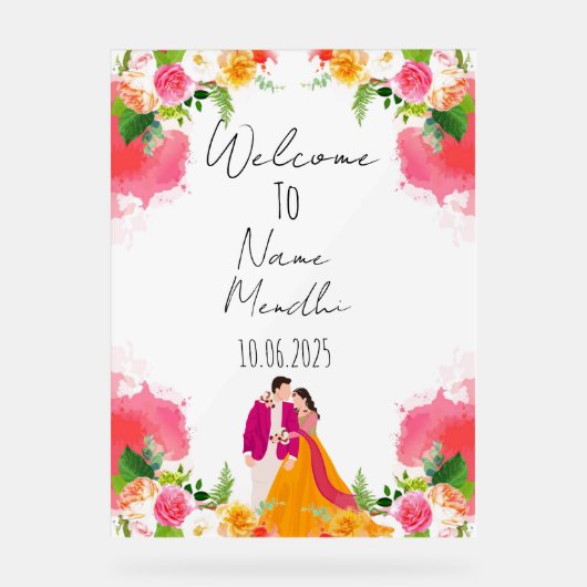 Blumenfarbenes Mendhi-Zeichen Acrylschild (Vorderseite)