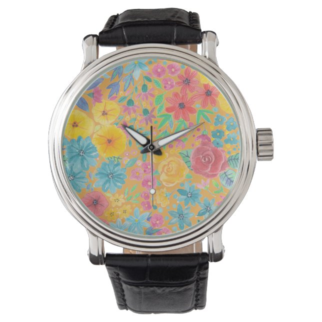 Blumenfarbmuster in gelber Farbe Armbanduhr (Vorderseite)