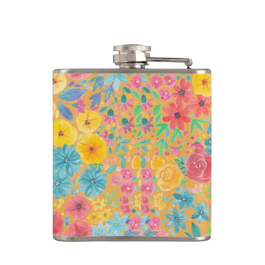 Blumenfarbmuster in gelber Farbe Flachmann (Rückseite)