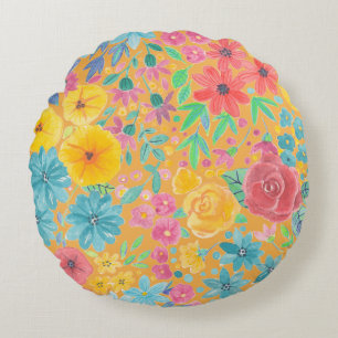 Blumenfarbmuster in gelber Farbe Rundes Kissen