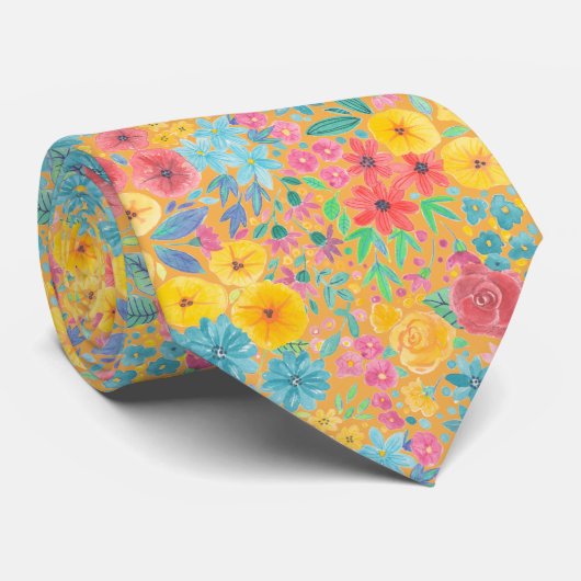 Blumenfarbmuster in gelber Nackenbindung Krawatte (Gerollt)