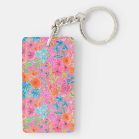 Blumenfarbmuster in Rosa Schlüsselanhänger (Rückseite)