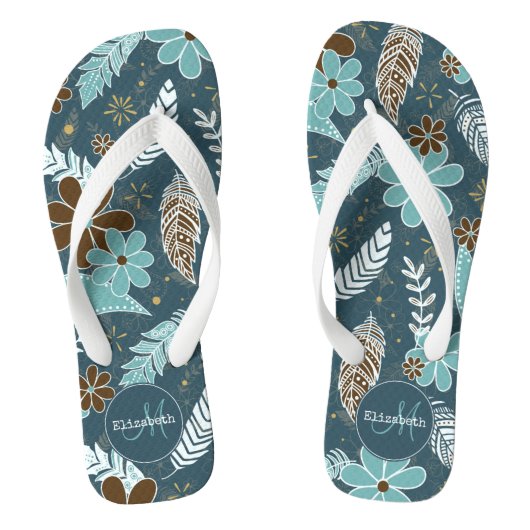 Blumenfeatherie aquamarin türkisfarbener Boho Badesandalen (Fußbett)