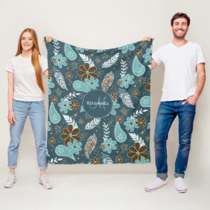 Blumenfeatherie aquamarin türkisfarbener Boho Fleecedecke