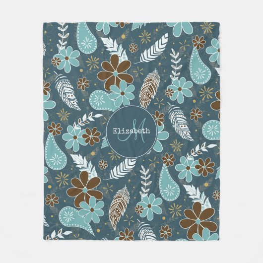 Blumenfeatherie aquamarin türkisfarbener Boho Fleecedecke (Vorderseite)