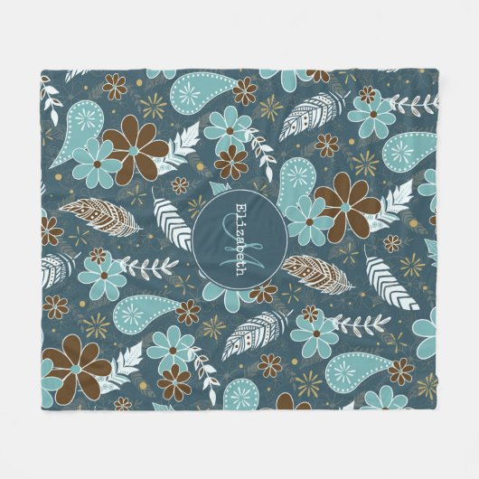 Blumenfeatherie aquamarin türkisfarbener Boho Fleecedecke (Vorderseite (Horizontal))
