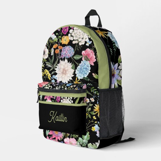 Blumenfederdesign Personalisierte grüne Trimm Bedruckter Rucksack (Rückseitige Ecke Rechts)