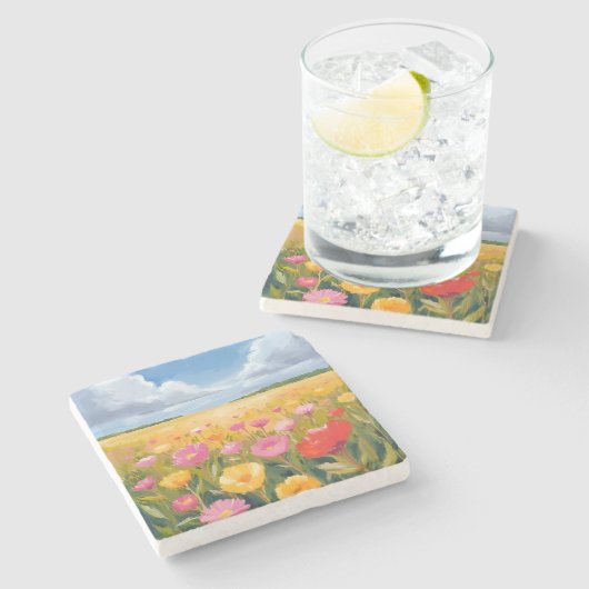 Blumenfeld Landschaftsmalerei Wasserfarbe Steinuntersetzer (Seitenansicht)