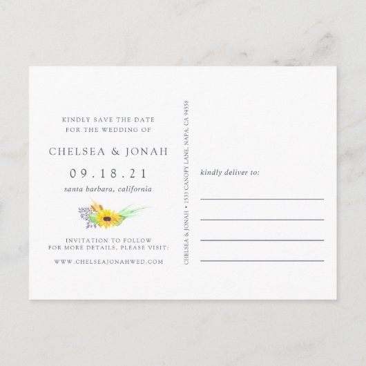 Blumenfelder | Sonnenblumen Save the Date Ankündigungspostkarte (Rückseite)