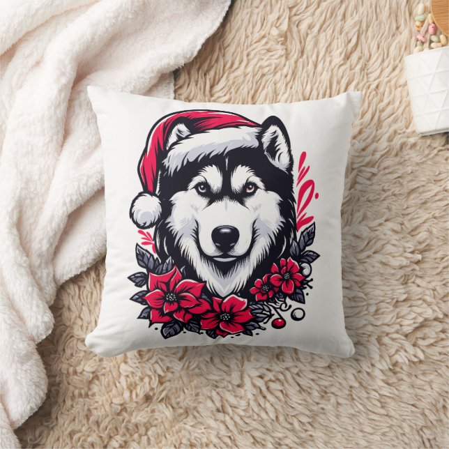 Blumenfestivals Husky Hund mit Weihnachtsmannmütze Kissen (Decke)