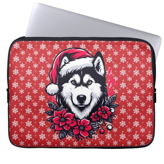 Blumenfestivals Husky Hund mit Weihnachtsmannmütze Laptopschutzhülle (Vorderseite)
