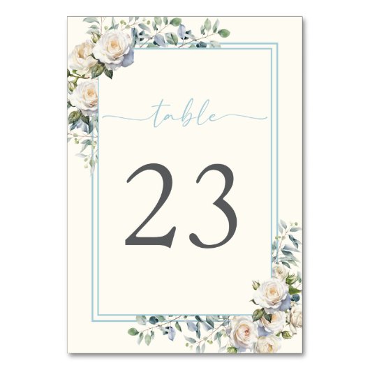 Blumenfloral Blauer Tischtafel mit weißer Rose Tischnummer (Rückseite)