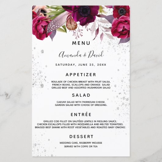 Blumenflorale des Hochzeitmenüs, weißbordeauxrot, (Vorderseite)