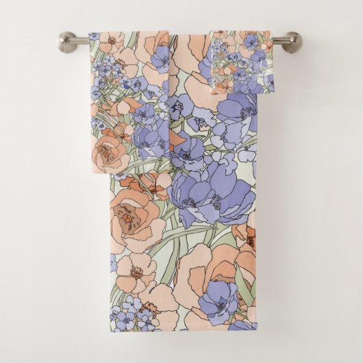Blumenfoliage Blume Rose Beige Creme Lila Badhandtuch Set (Insitu)