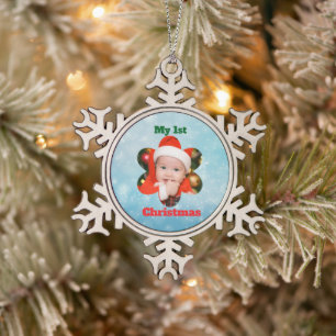 Blumenform Mein 1. Weihnachtsfoto Schneeflocken Zinn-Ornament