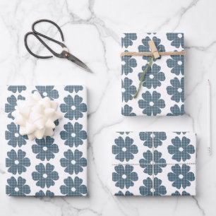 Blumenförmig kariert Blau Grau Geschenkpapier Set