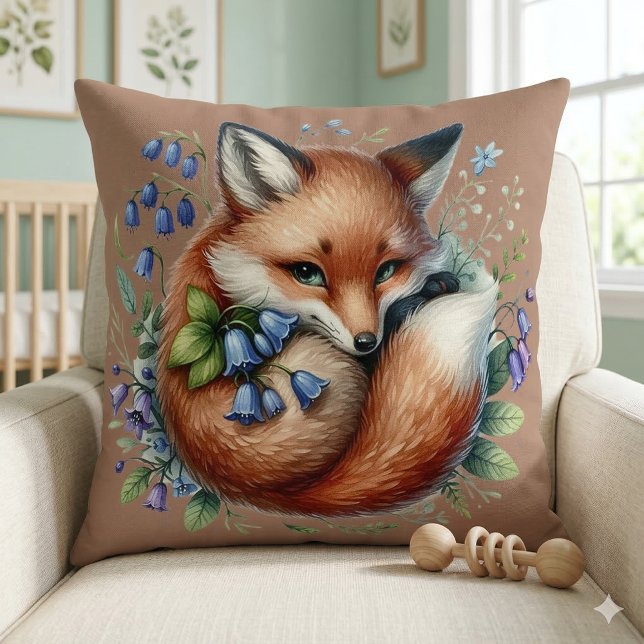 Blumenfox Botanische Holzkunst Kissen (Floral Fox Botanical Woodland Art Throw Pillow Mockup A)