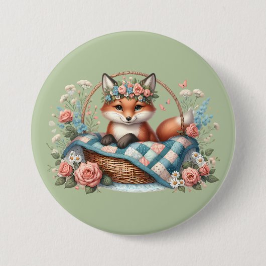 Blumenfox im Korb mit Quilt und Blume Button (Vorderseite)
