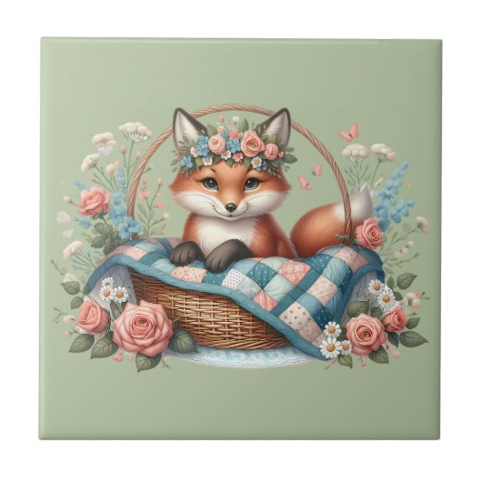 Blumenfox im Korb mit Quilt und Blume Fliese (Vorderseite)