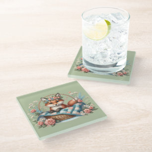 Blumenfox im Korb mit Quilt und Blume Glasuntersetzer