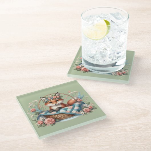 Blumenfox im Korb mit Quilt und Blume Glasuntersetzer (Schrägansicht)