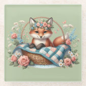 Blumenfox im Korb mit Quilt und Blume Glasuntersetzer (Vorderseite)