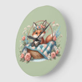Blumenfox im Korb mit Quilt und Blume Große Wanduhr (Winkel)