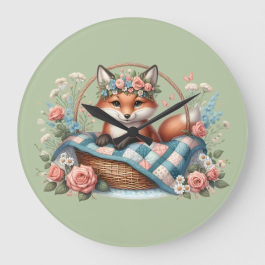 Blumenfox im Korb mit Quilt und Blume Große Wanduhr (Vorderseite)
