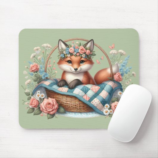 Blumenfox im Korb mit Quilt und Blume Mousepad (Mit Mouse)