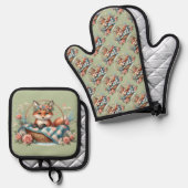 Blumenfox im Korb mit Quilt und Blume Ofenhandschuh & Topflappen-Set (Vorderseite/Rückseite)