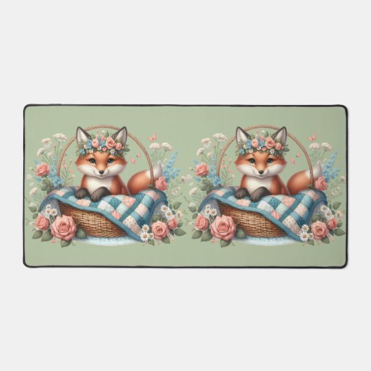 Blumenfox im Korb mit Quilt und Blume Schreibtischunterlage (Vorderseite)