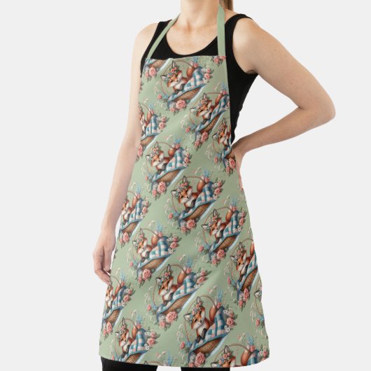 Blumenfox im Korb mit Quilt und Blume Schürze (InSitu)