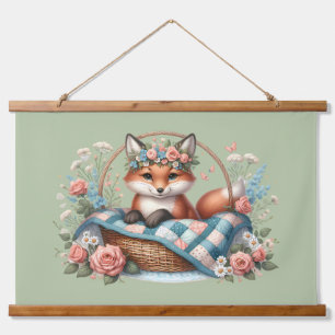 Blumenfox im Korb mit Quilt und Blume Wandteppich Mit Holzrahmen