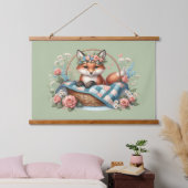 Blumenfox im Korb mit Quilt und Blume Wandteppich Mit Holzrahmen (Schlafzimmer)
