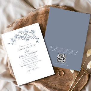 Blumenfranzösisch Vintag QR Code Dusty Blue Weddin Einladung