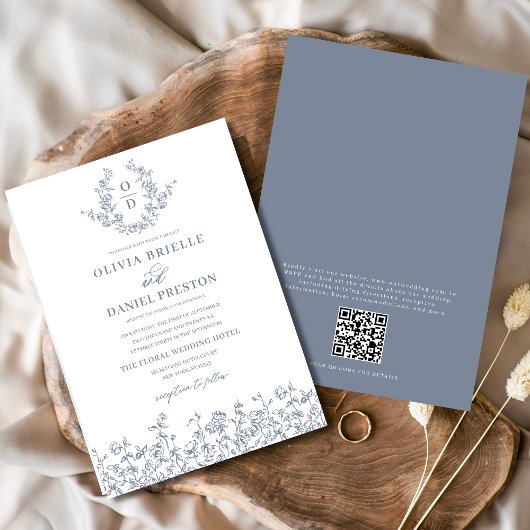 Blumenfranzösisch Vintag QR Code Dusty Blue Weddin Einladung