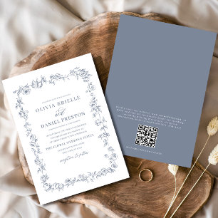 Blumenfranzösisch Vintag QR Code Dusty Blue Weddin Einladung
