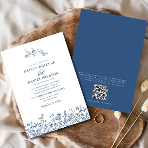 Blumenfranzösisch Vintag QR Code Navy Blue Wedding Einladung