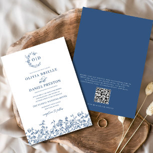Blumenfranzösisch Vintag QR Code Navy Blue Wedding Einladung