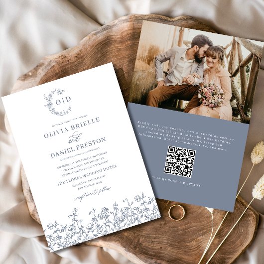 BlumenFrench Monogram Foto Dusty Blue Wedding Einladung