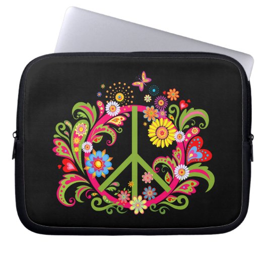 Blumenfriedenszeichen auf schwarz laptopschutzhülle (Vorderseite)