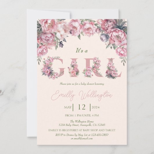 Blumenfrühling Pink Peonies Boho Girl Babydusche Einladung (Vorderseite)