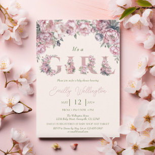 Blumenfrühling Pink Peonies Boho Girl Babydusche Einladung
