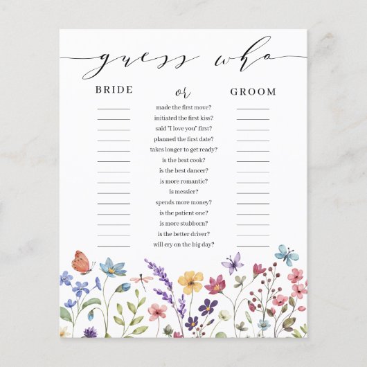 Blumenfrühling Sommer Ratet, wer Brautparty Game (Vorderseite)