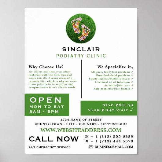 Blumenfußabdrücke, Podiatrie-Klinik, Podiatrist Poster (Vorne)